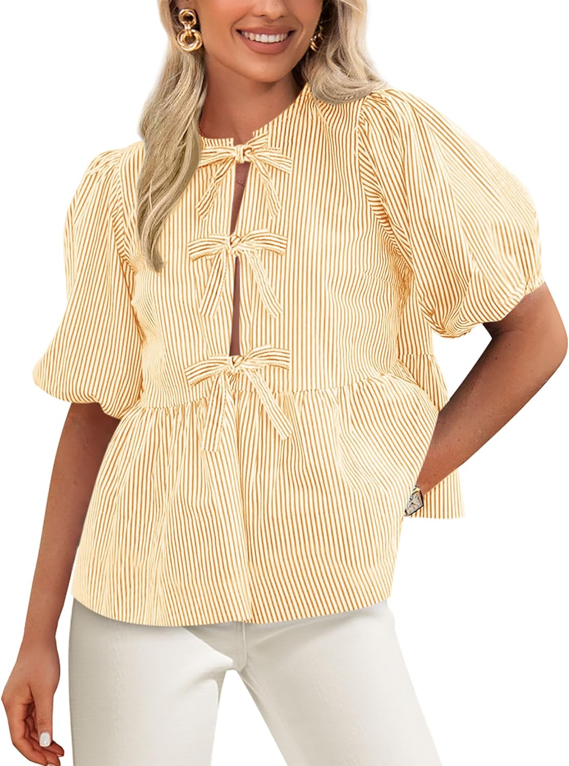 PRETTYGARDEN Women's Tie Front Striped Shirt for Summer Style