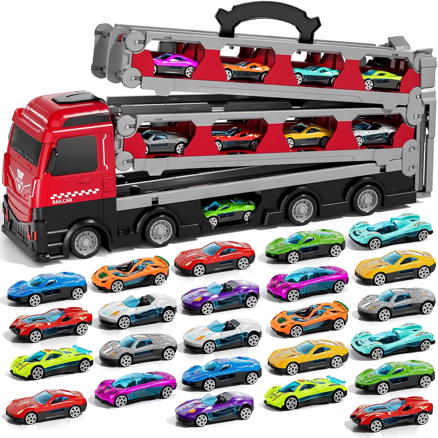 IHAHA 78in Transport Truck with 24 Die-Cast Cars for Kids
