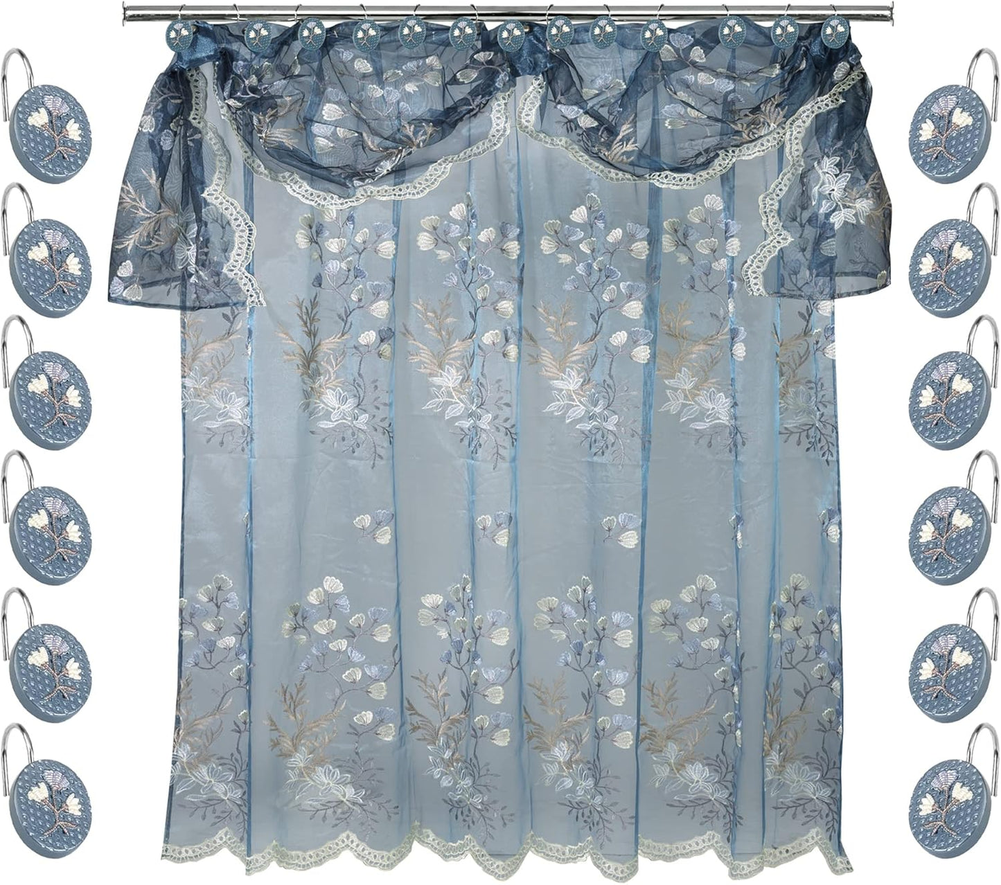 Capri Bathroom Sheer Shower Curtain Set with 12 Hooks - Stylish