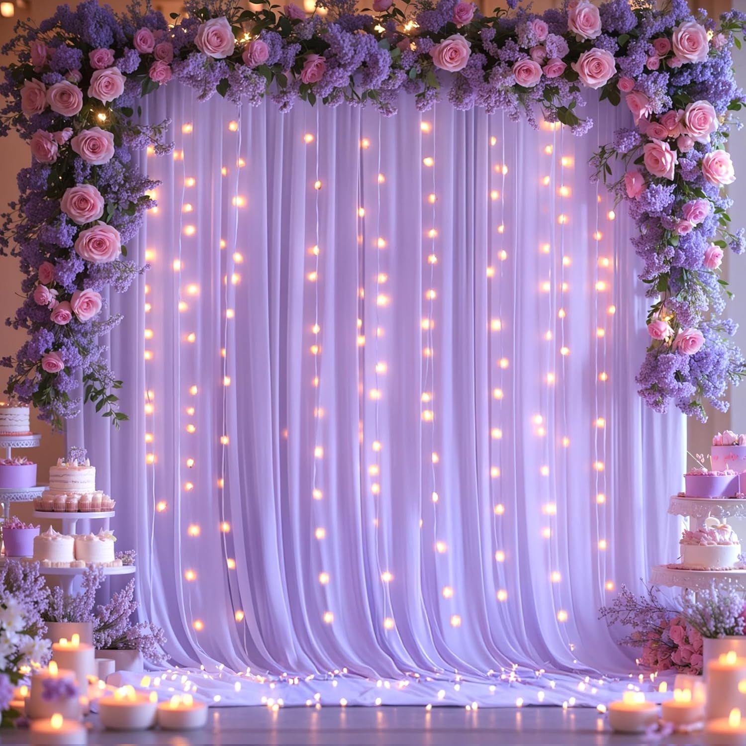 10x10ft Lavender Backdrop Curtains with Lights for Parties