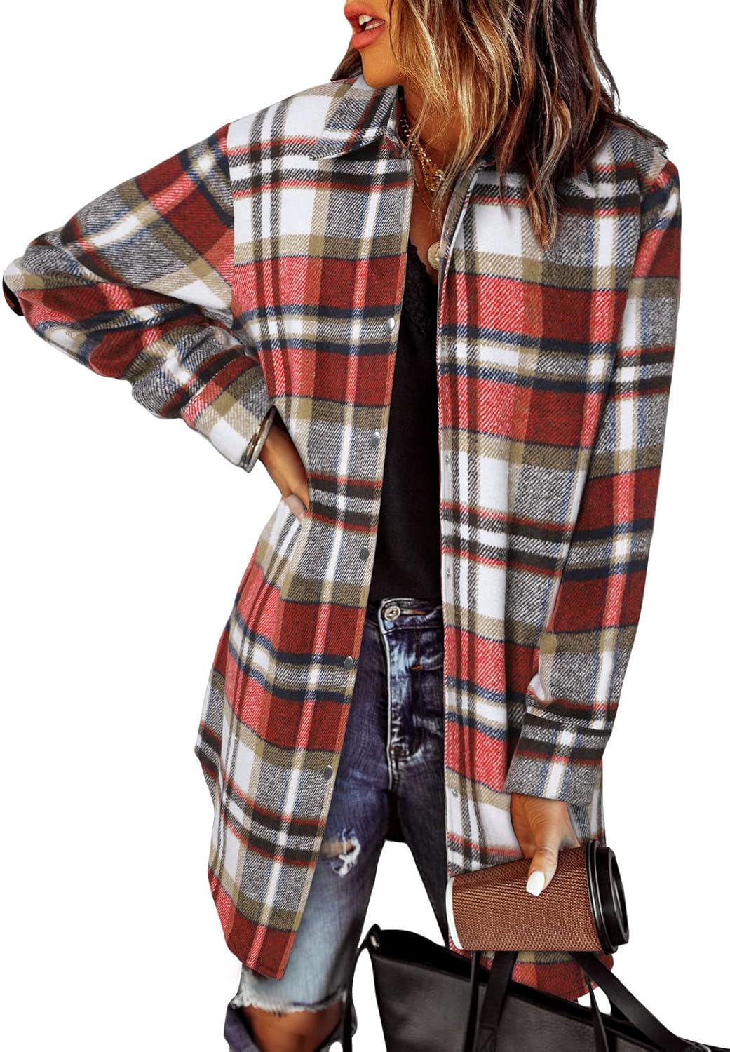 EVALESS Color Block Plaid Shacket Jacket for Women This Fall