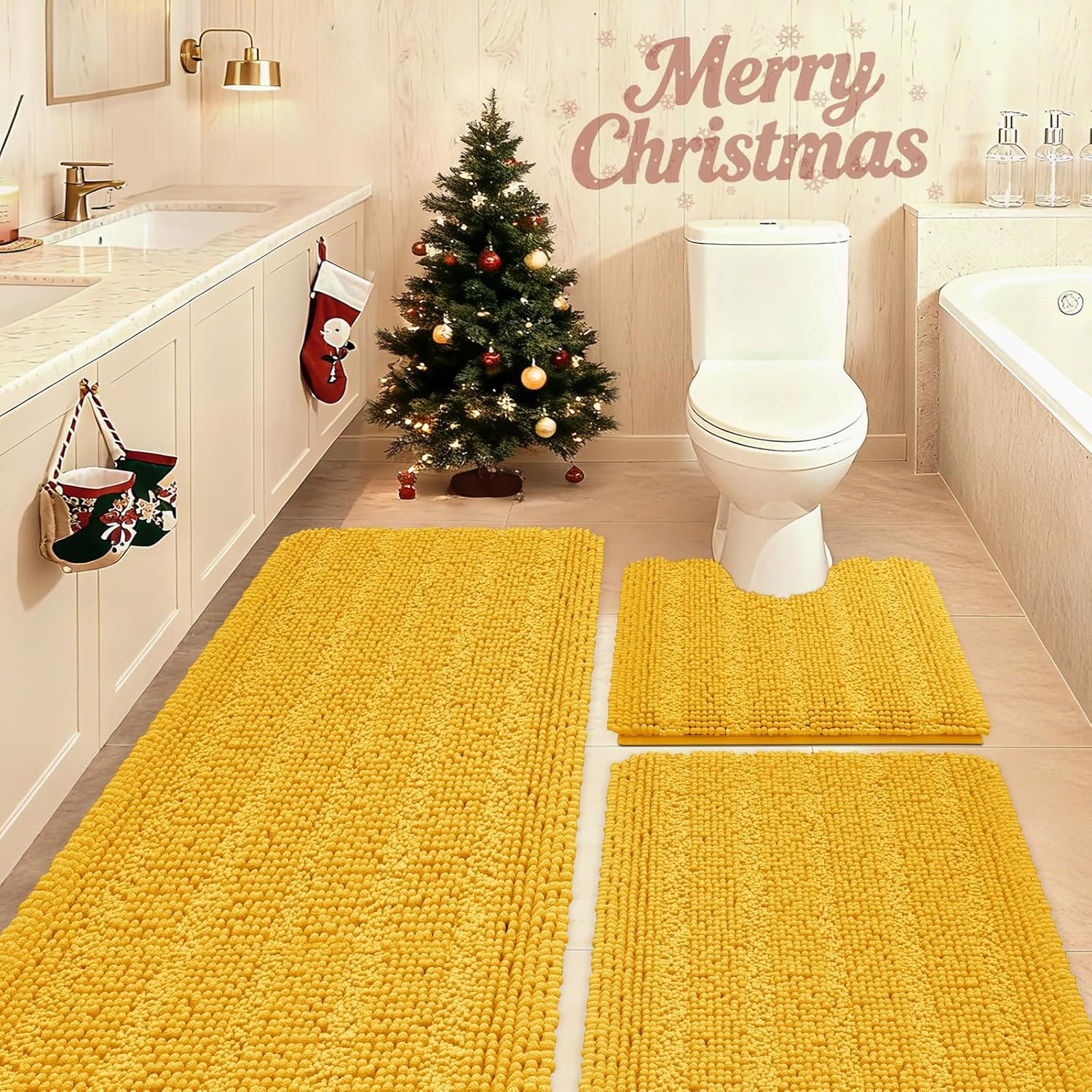 Ultra Soft Striped Yellow Bathroom Rug Set 3 Pieces for Comfort