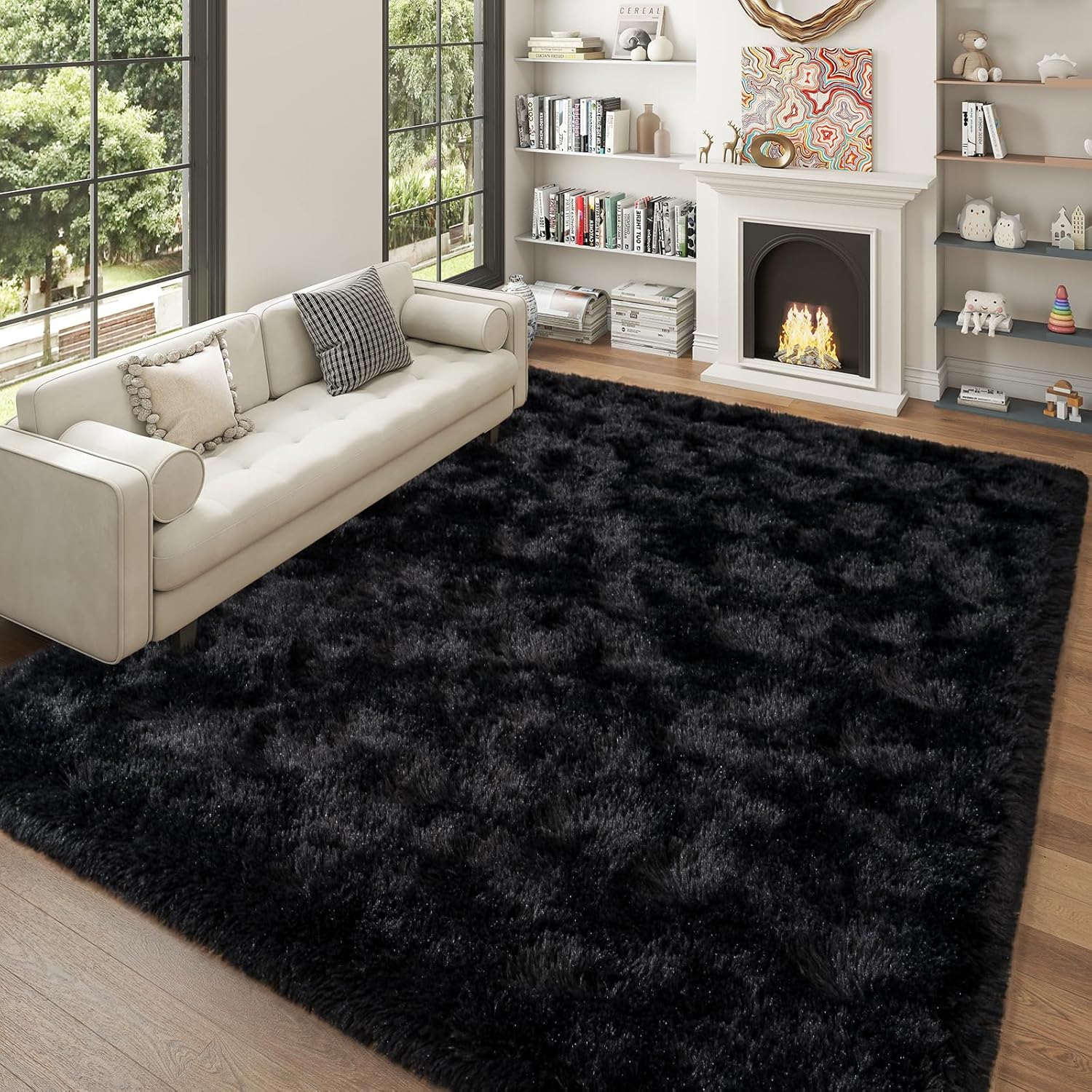 5ftx7ft Super Fluffy Rug for Bedroom, Modern Shag Black Area Rugs