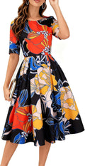 Women's Vintage Patchwork Swing Dress with Pockets - Classic Fit