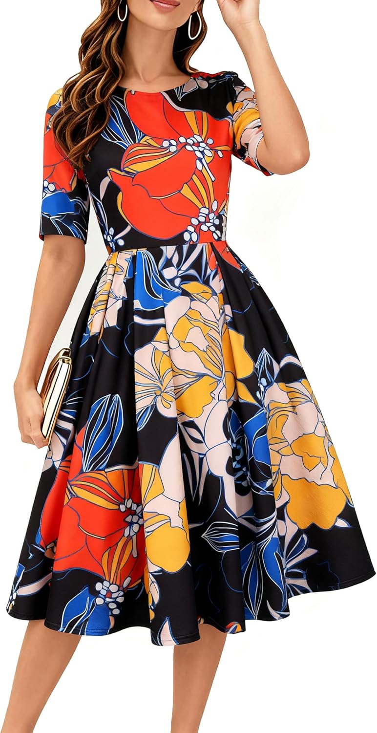 Oxiuly Women's Vintage Patchwork Pockets Swing Dress Review