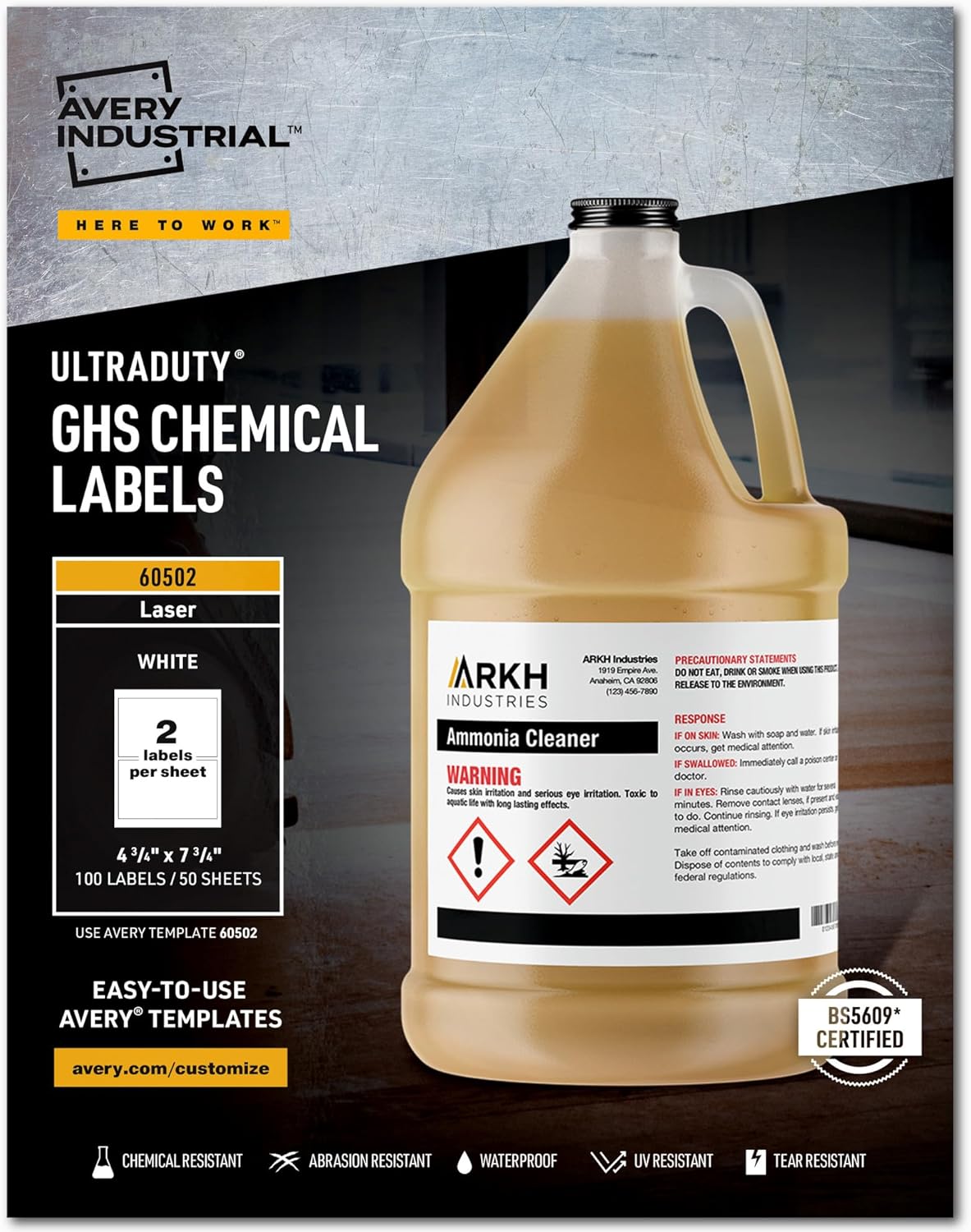 Avery UltraDuty GHS Chemical Labels for Laser Printers, 100 Pk
