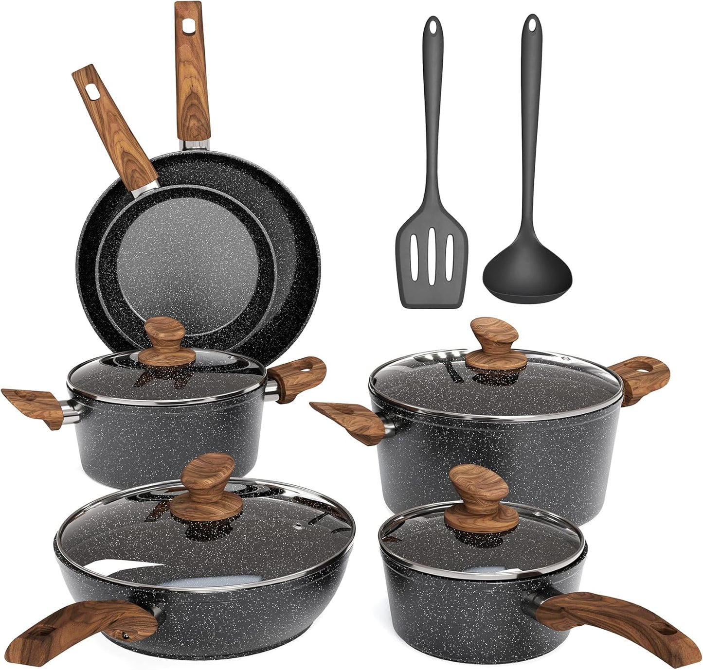 Non Stick Pots and Pans Set for Cooking - 12 Piece Black Granite