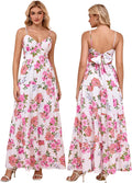 Women Summer Floral Maxi Sundress Back Tie V Neck - Flowing Boho