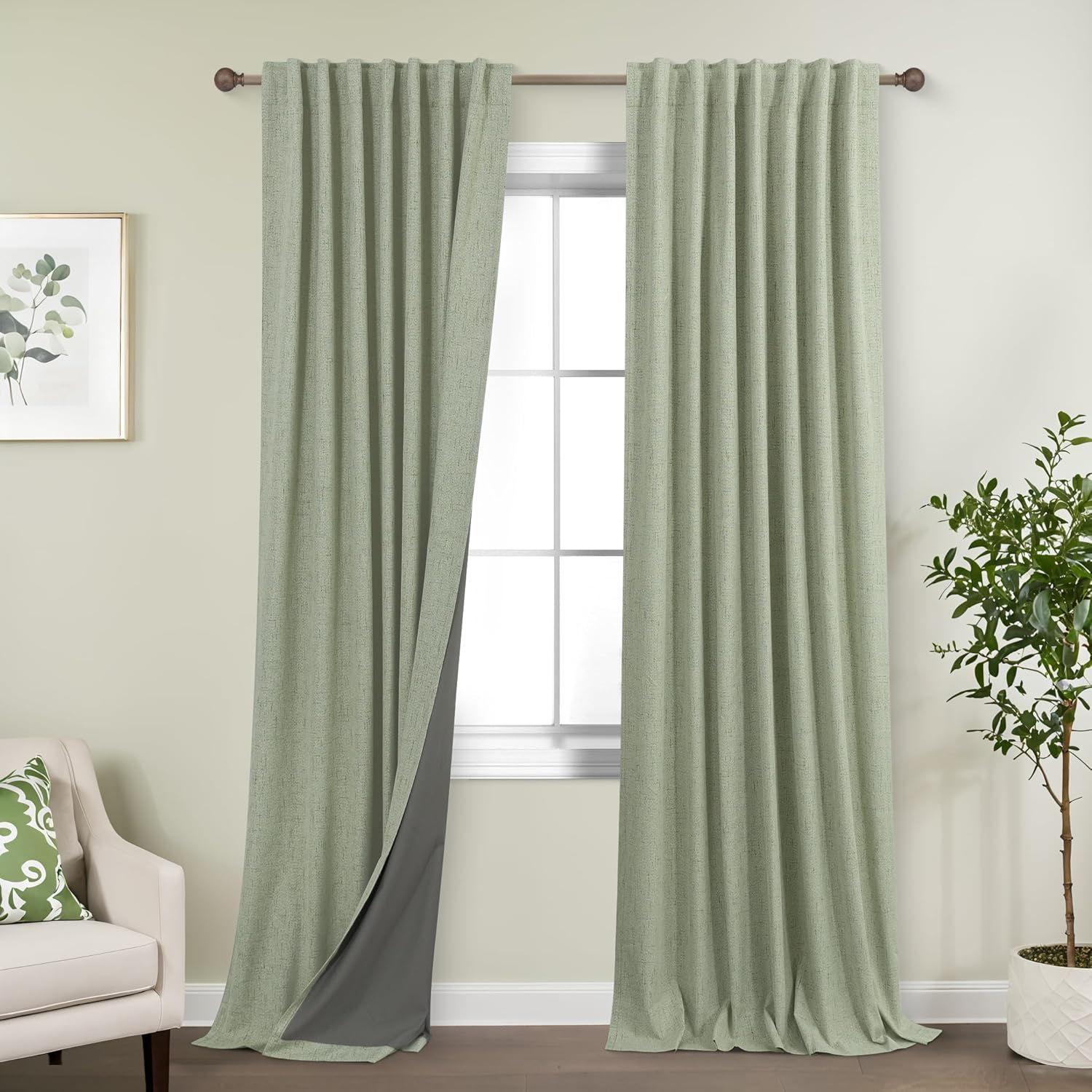 KOUFALL Back Tab Linen Blackout Curtains for Light Sage Decor