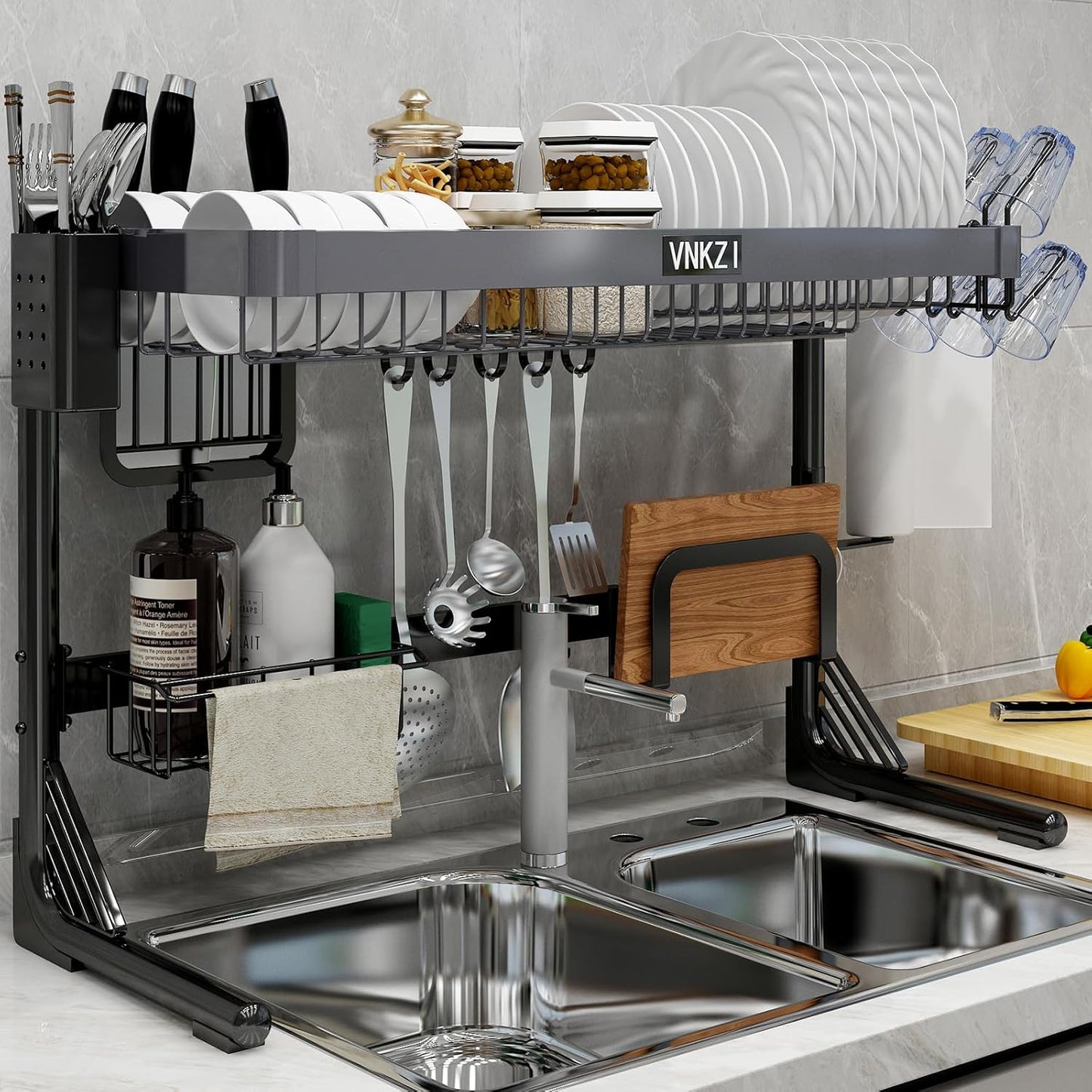 VNKZI Over Sink Dish Drying Rack: Adjustable Stainless Steel Organizer