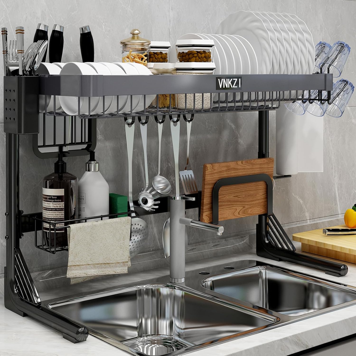 VNKZI Over Sink Dish Drying Rack: Adjustable Stainless Steel Organizer