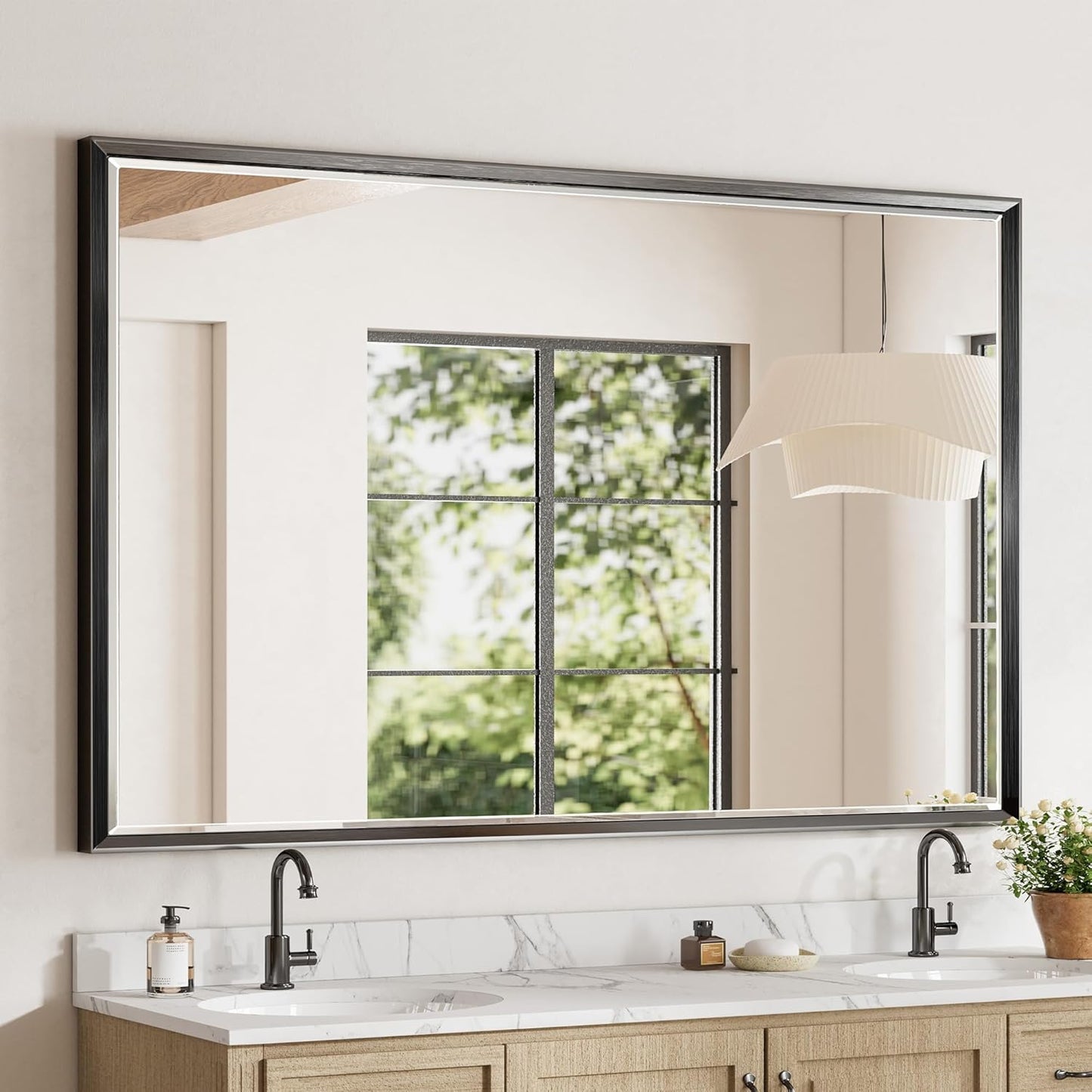 48 x 30 Black Framed Mirror for Bathroom with Beveled Design