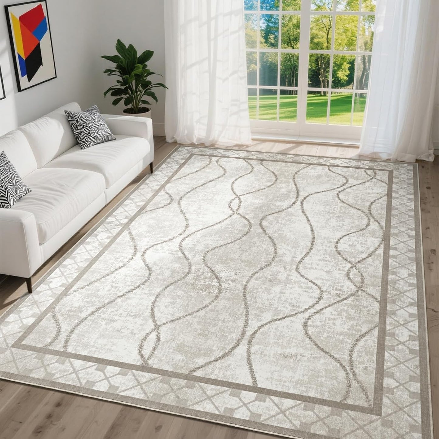 DweIke Modern Bordered Living Room Rug - Soft & Non-Slip Design