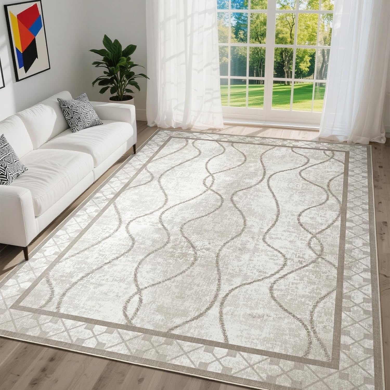 DweIke Modern Bordered Living Room Rug - Soft & Non-Slip Design