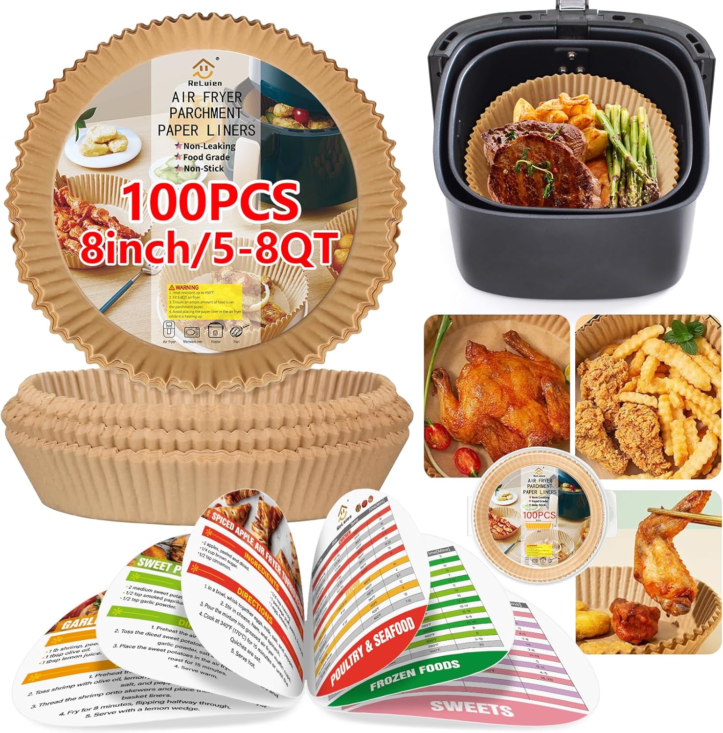 5-8 QT Air Fryer Liners: Non-Stick 100 Pcs + Cooking Guide