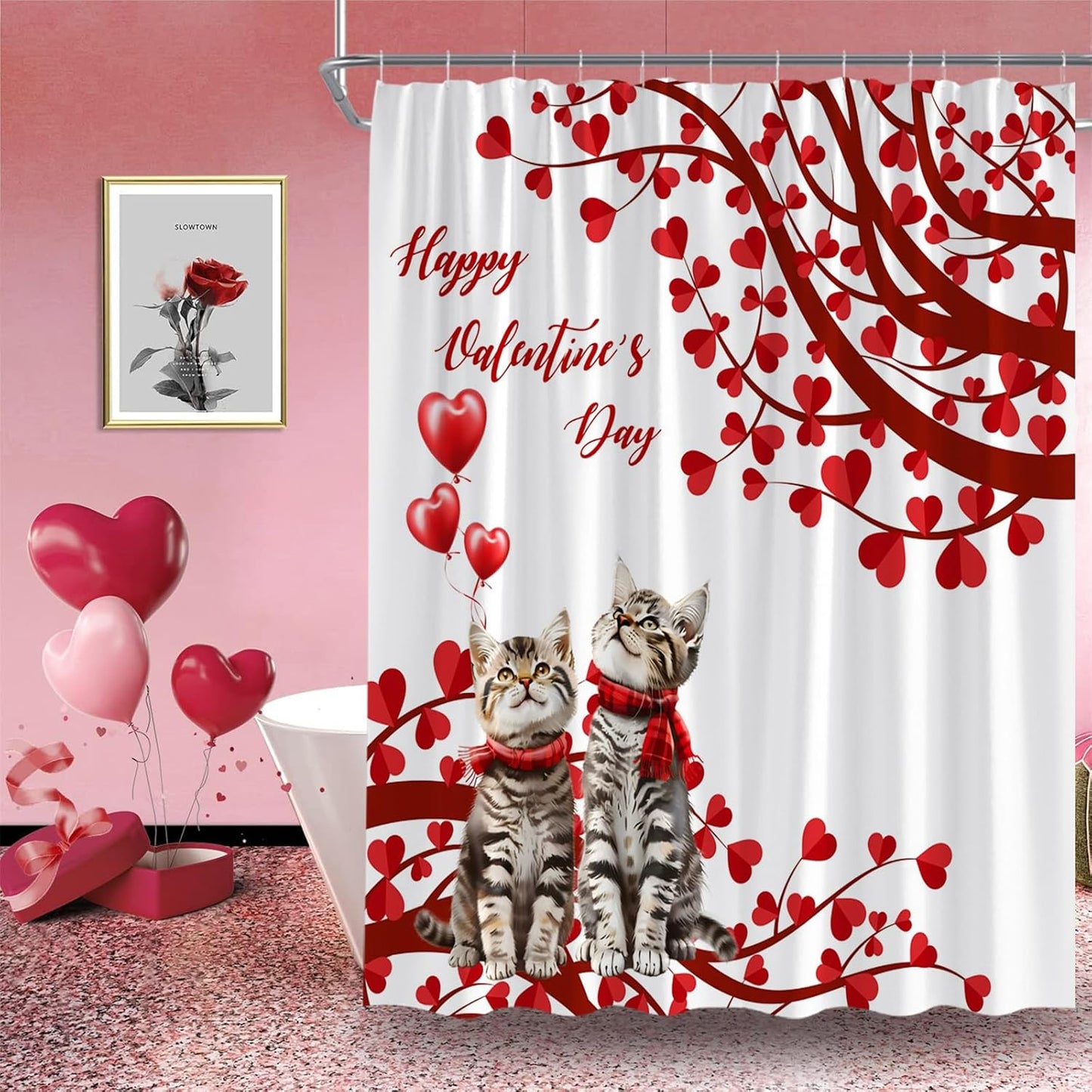 Cute Cat Love Heart Shower Curtain Set