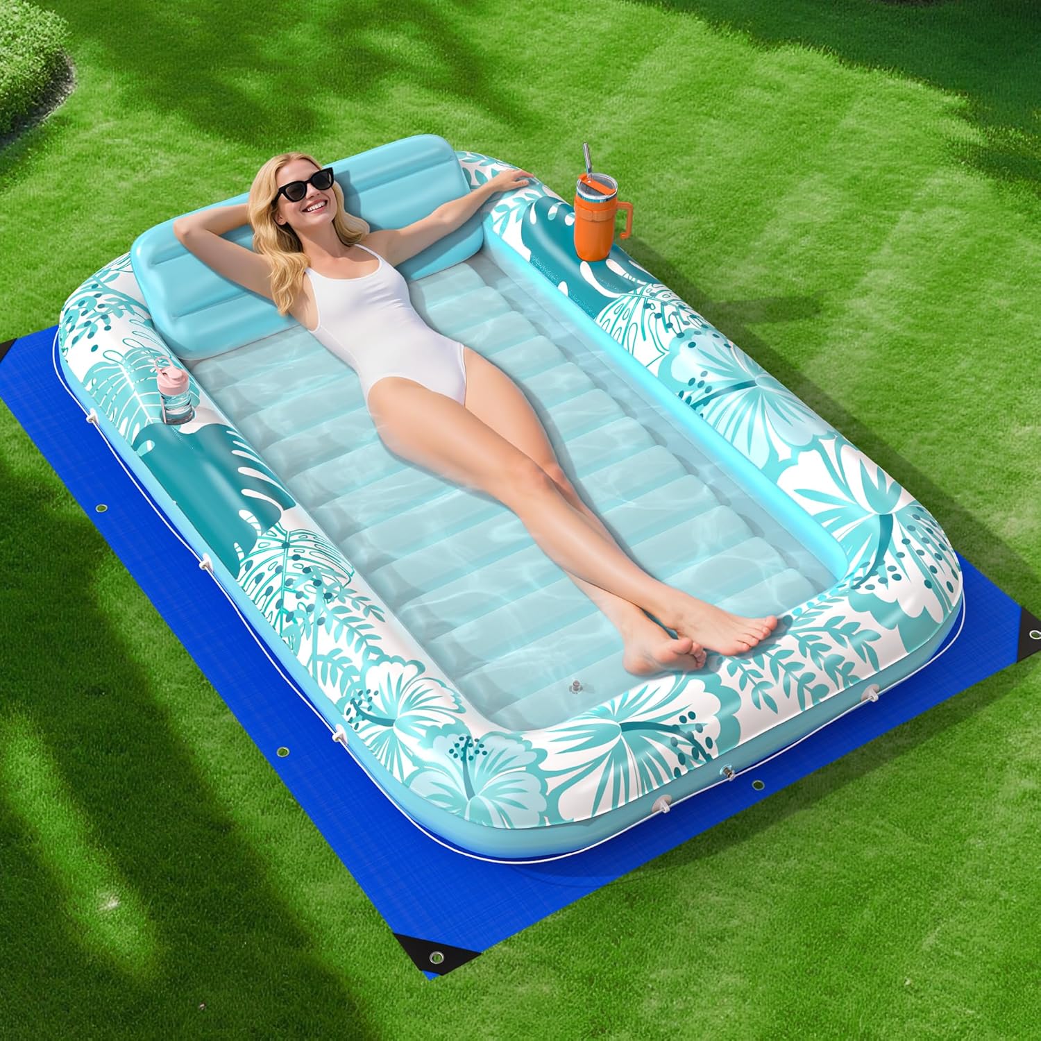Inflatable Tanning Pool Lounger Float with Protection Tarp