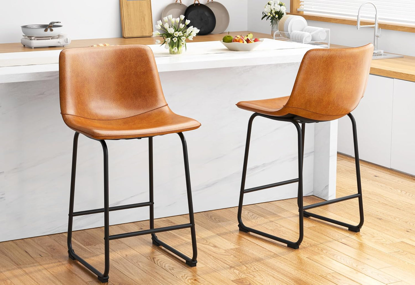 Modern PU Leather Bar Stools Set of 2 for Kitchen Island