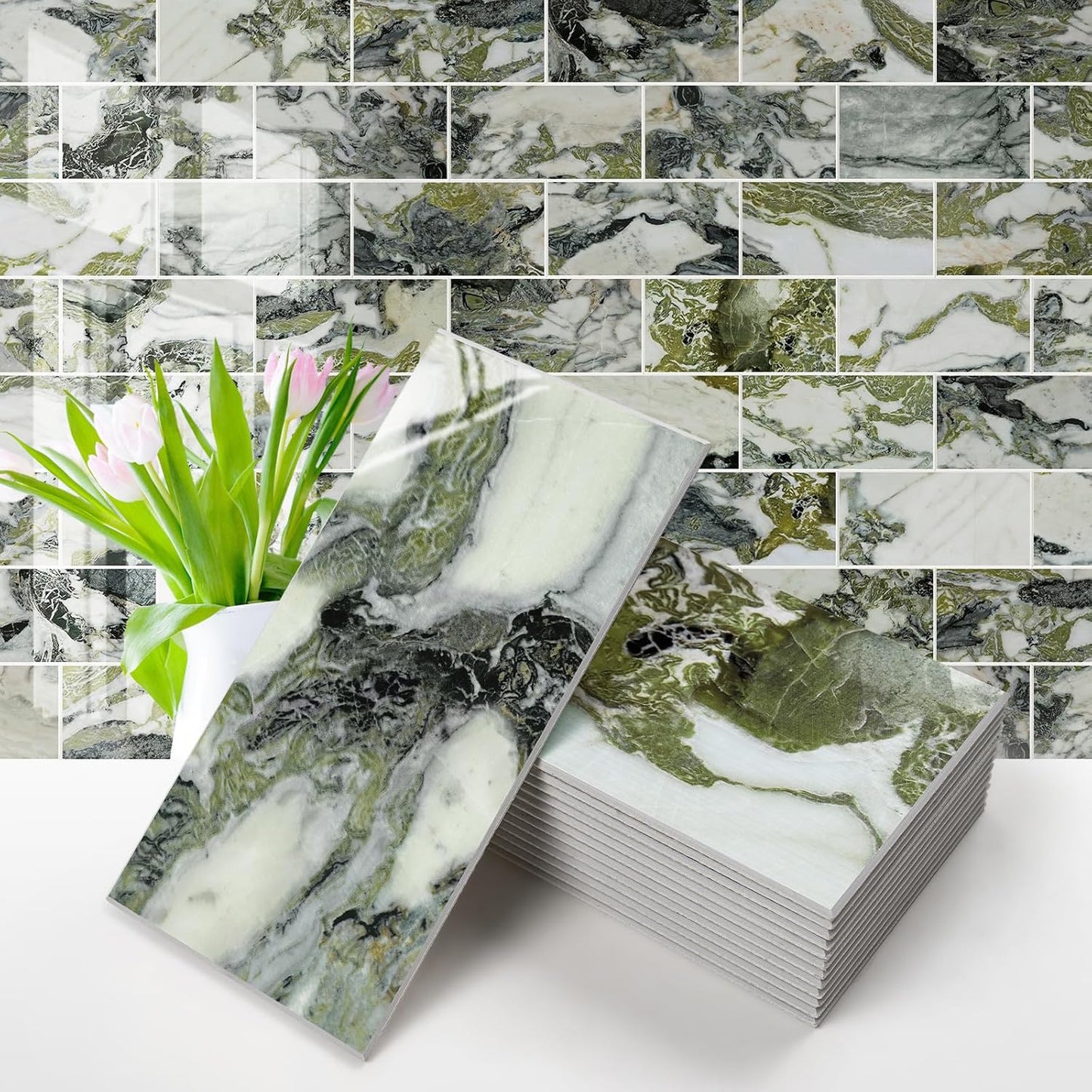 Vamos Tile 100-Piece Glossy Ice Green Peel and Stick Backsplash