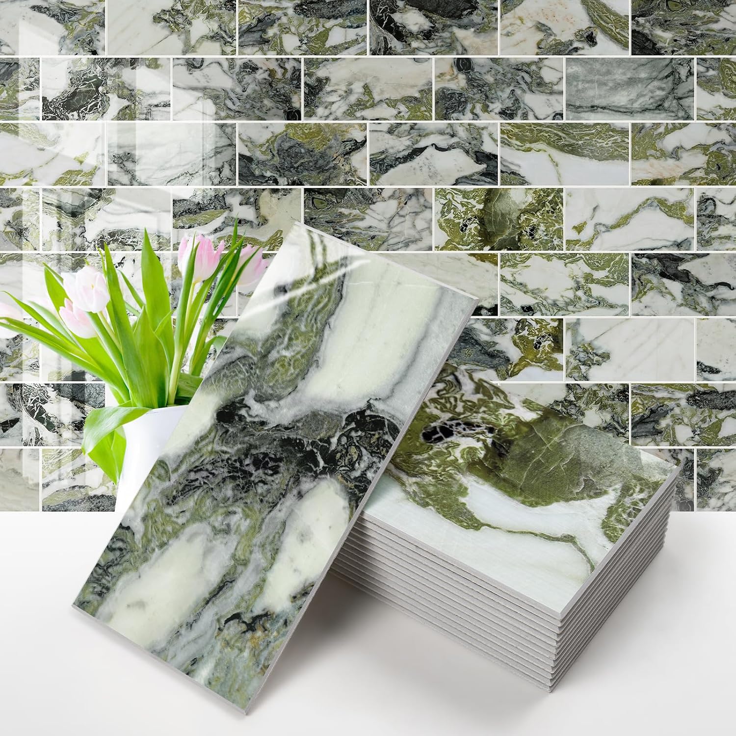 Vamos Tile 100-Piece Glossy Ice Green Peel and Stick Backsplash
