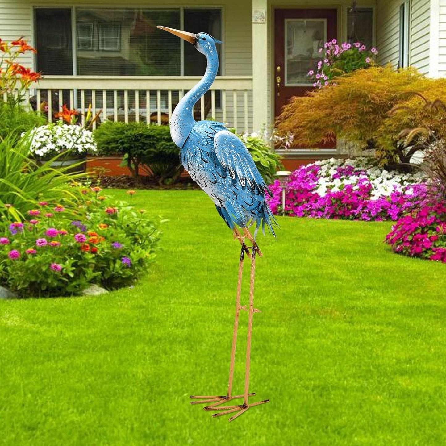 Nacome Large Standing Blue Metal Crane Garden Statue for Decor