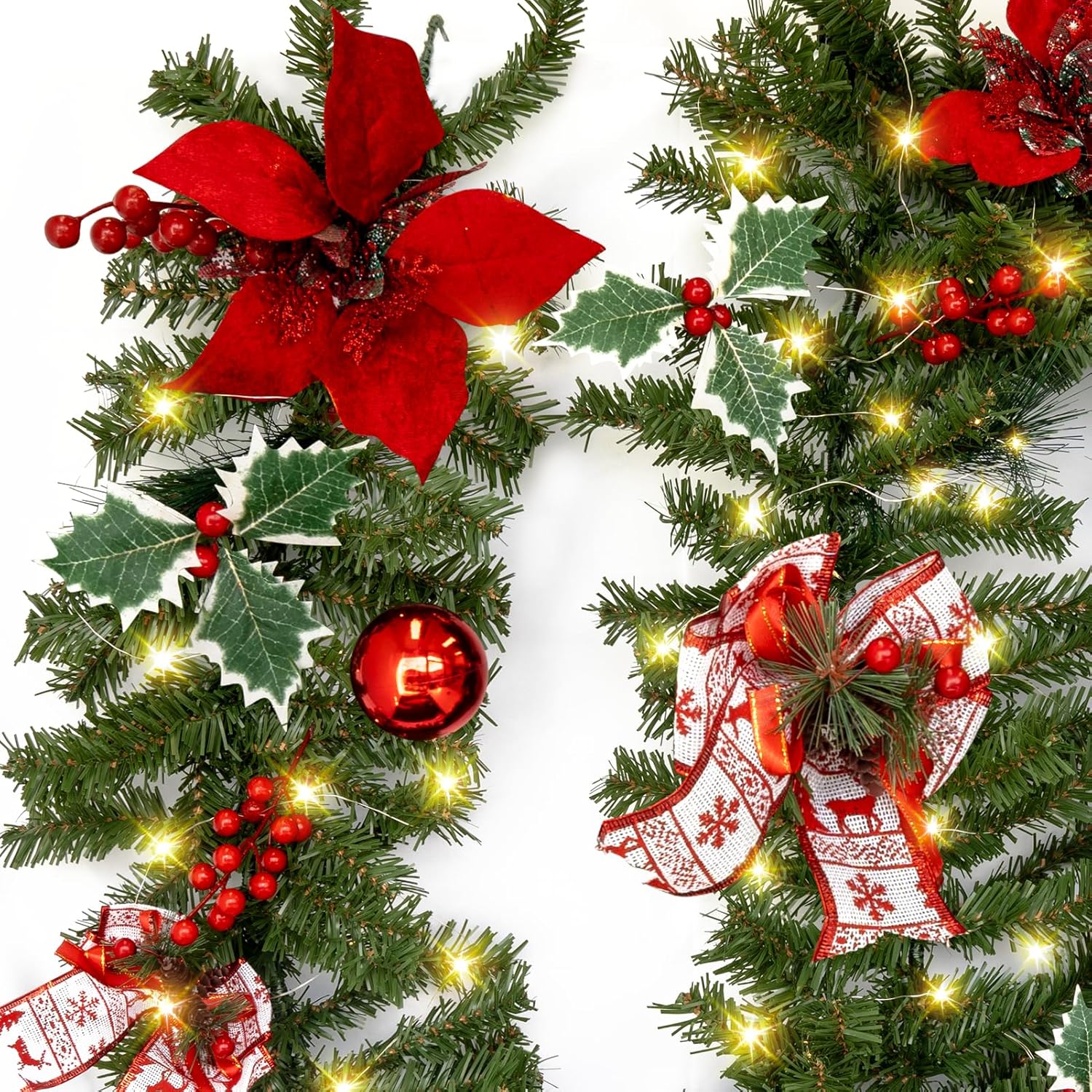 9 FT Pre-Lit Christmas Garland with Unique Red Flowers and Berries