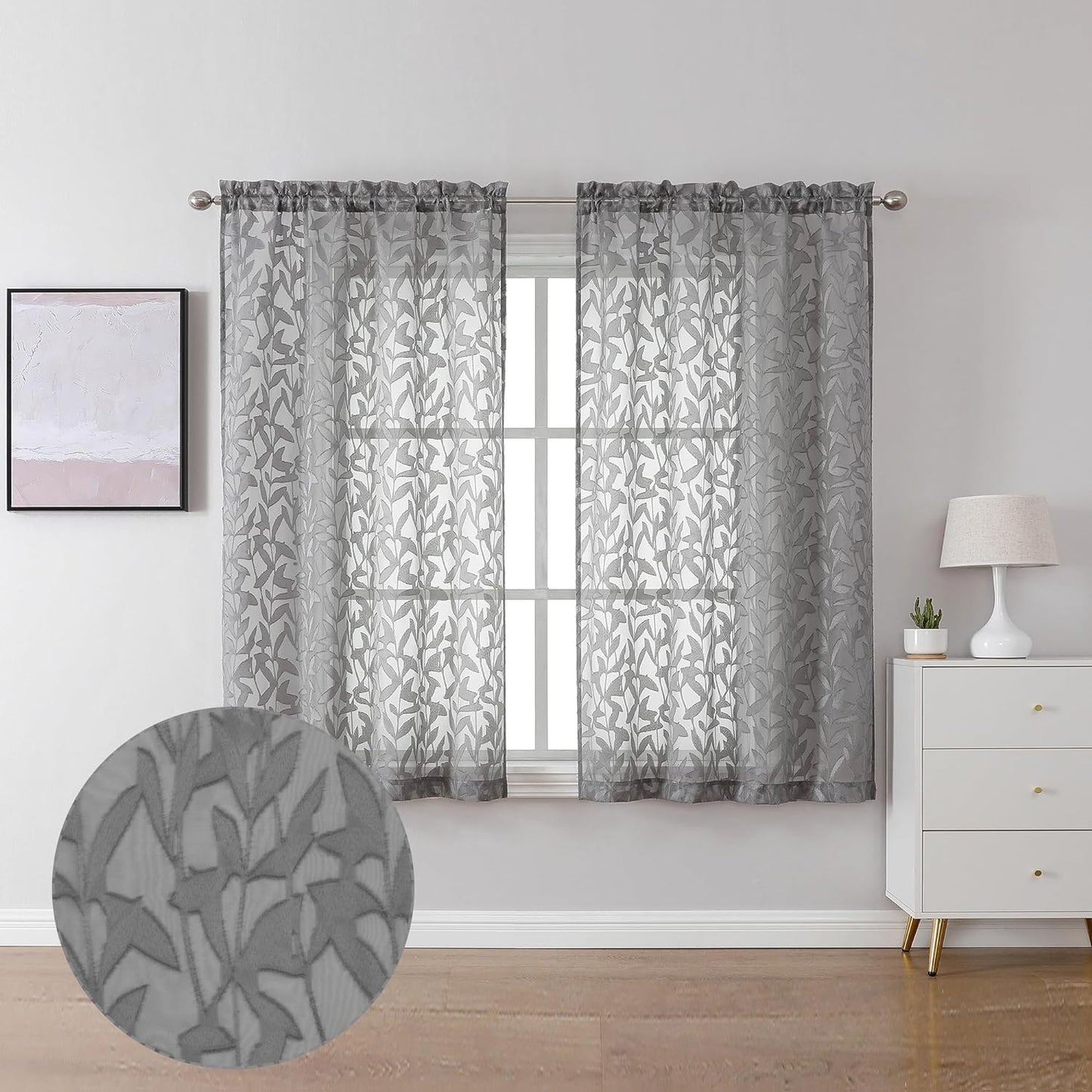 Lecloud Charcoal Grey Sheer Curtains - Elegant Leaf Design
