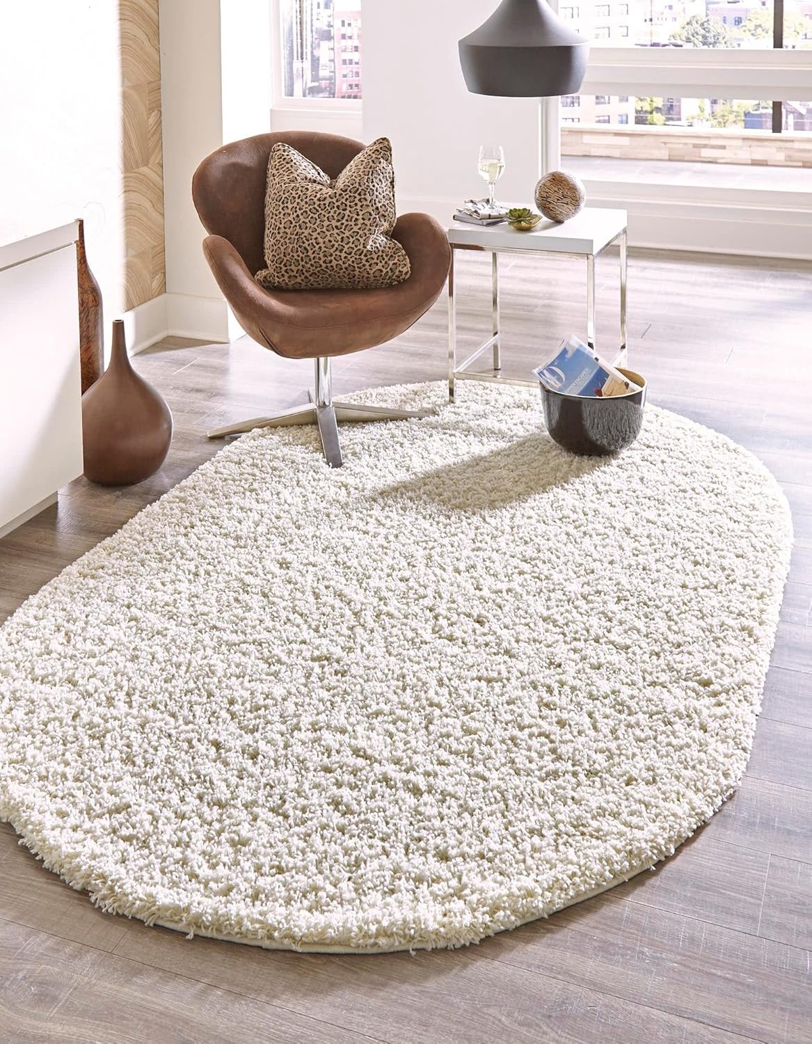 Uber Cozy Solid Shag Collection Rug 5ft x 8ft Oval Pure Ivory