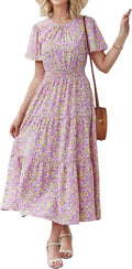 PRETTYGARDEN Boho Floral Smocked Waist Maxi Dress - Flowy (Style BMZ4)