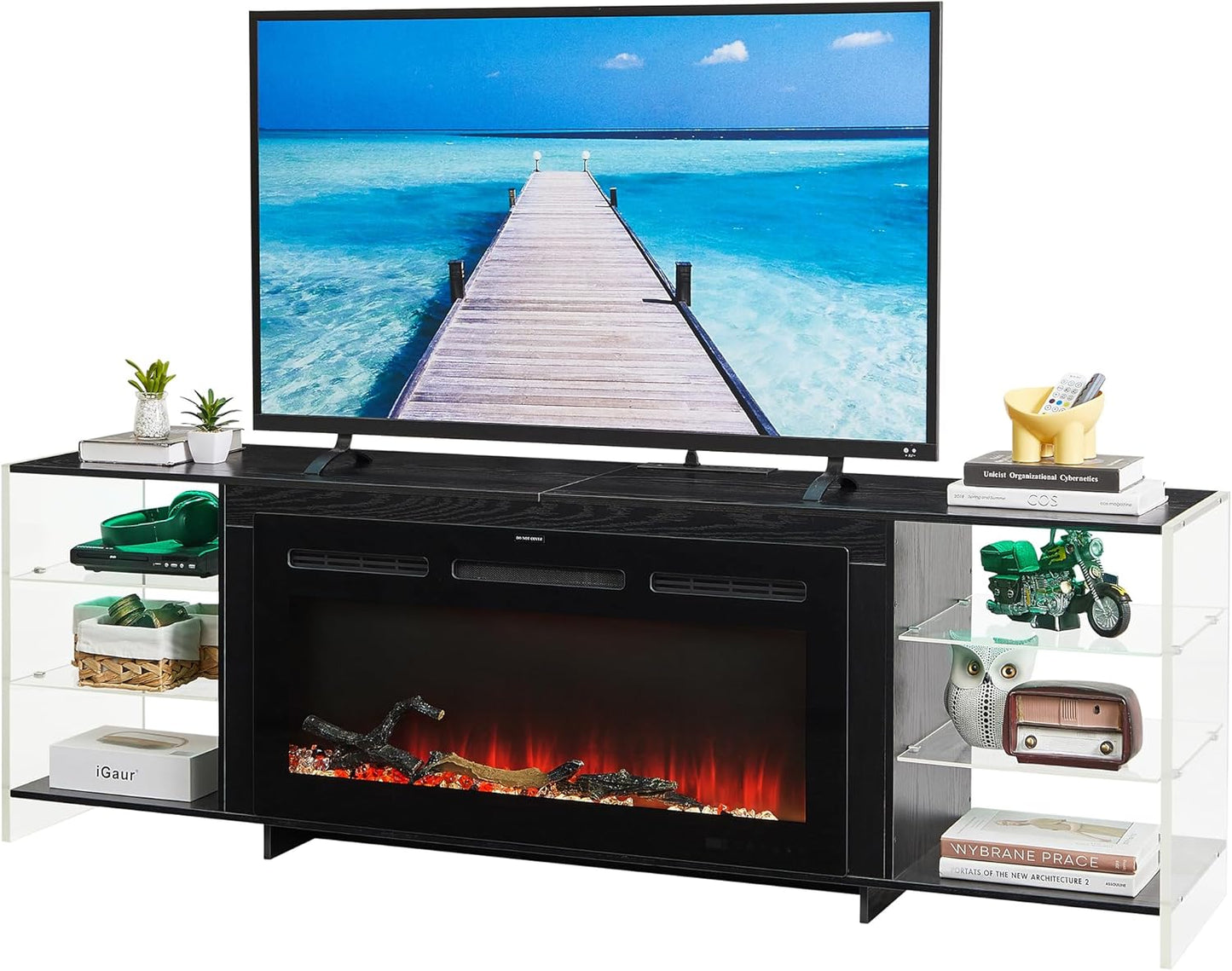 VECELO Modern Fireplace TV Stand | 3D Flame | LED Lights