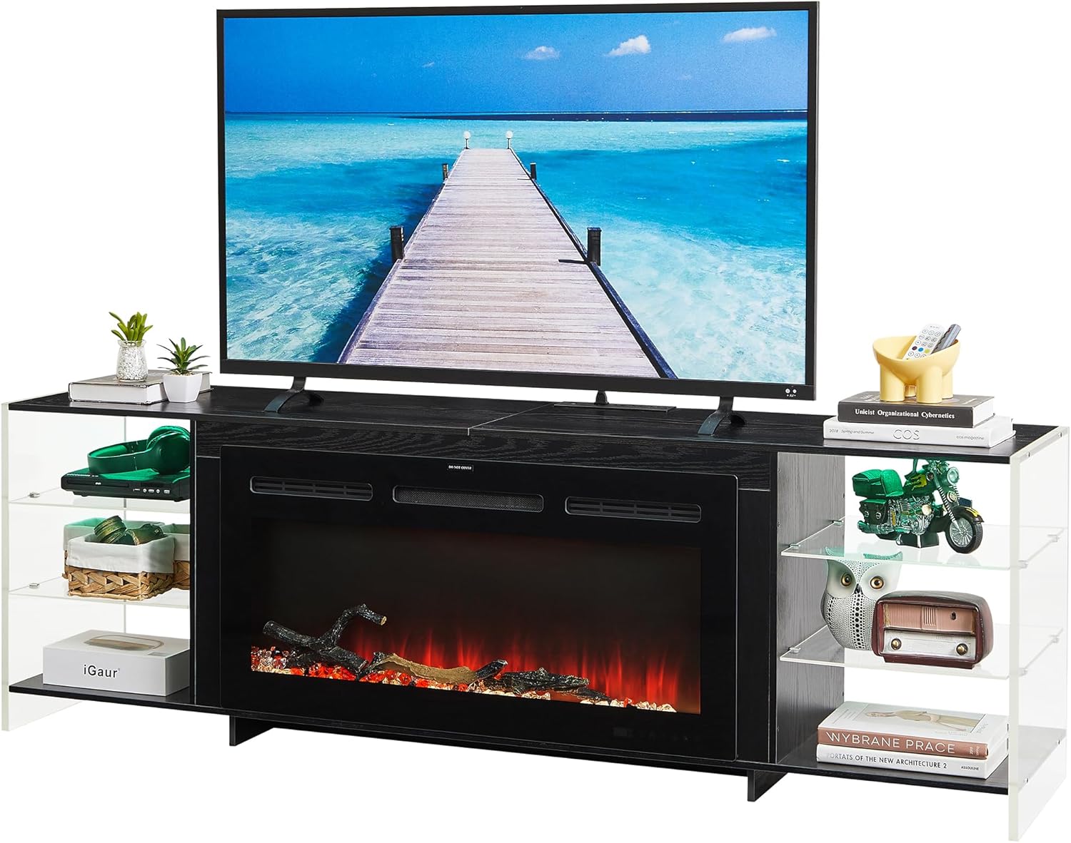 VECELO Modern Fireplace TV Stand | 3D Flame | LED Lights