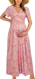 OUGES Maternity Maxi Dress Wrap V Neck - Flattering Nursing Dress