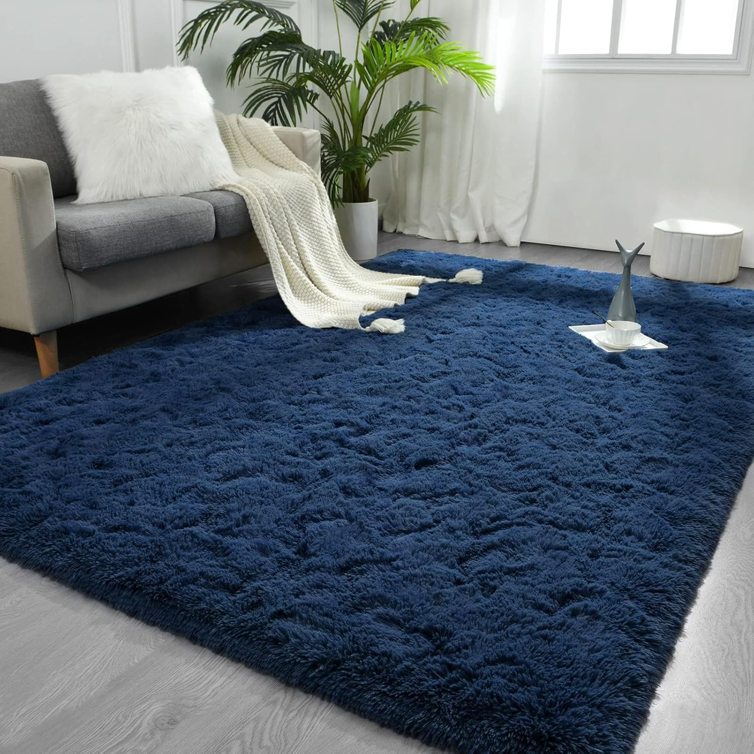 FlyDOIT Navy Blue Shaggy Rug 8x10 Feet for Living Room Decor
