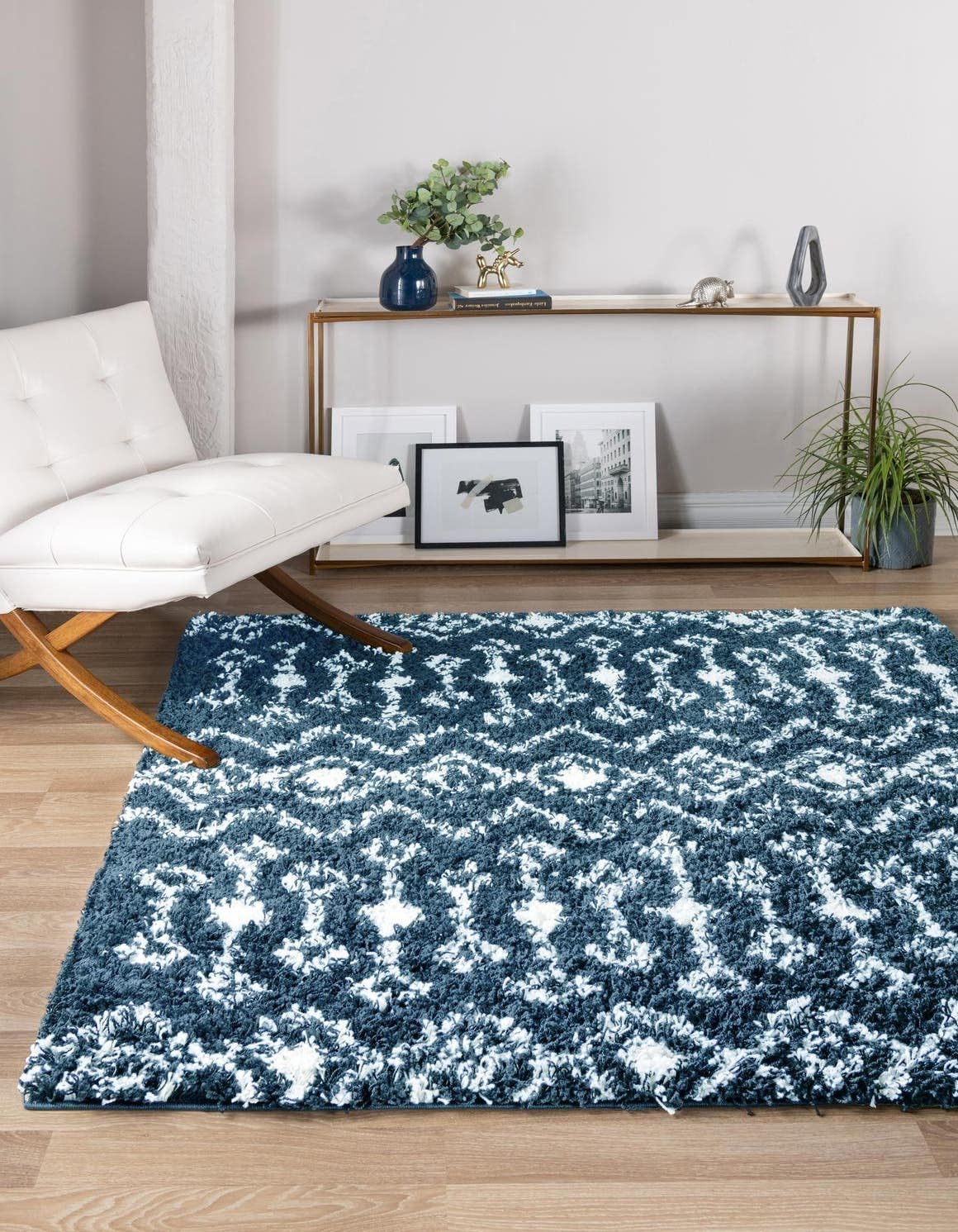 Moroccan Trellis Shag Rug 5ft Square Navy Blue for Living Spaces