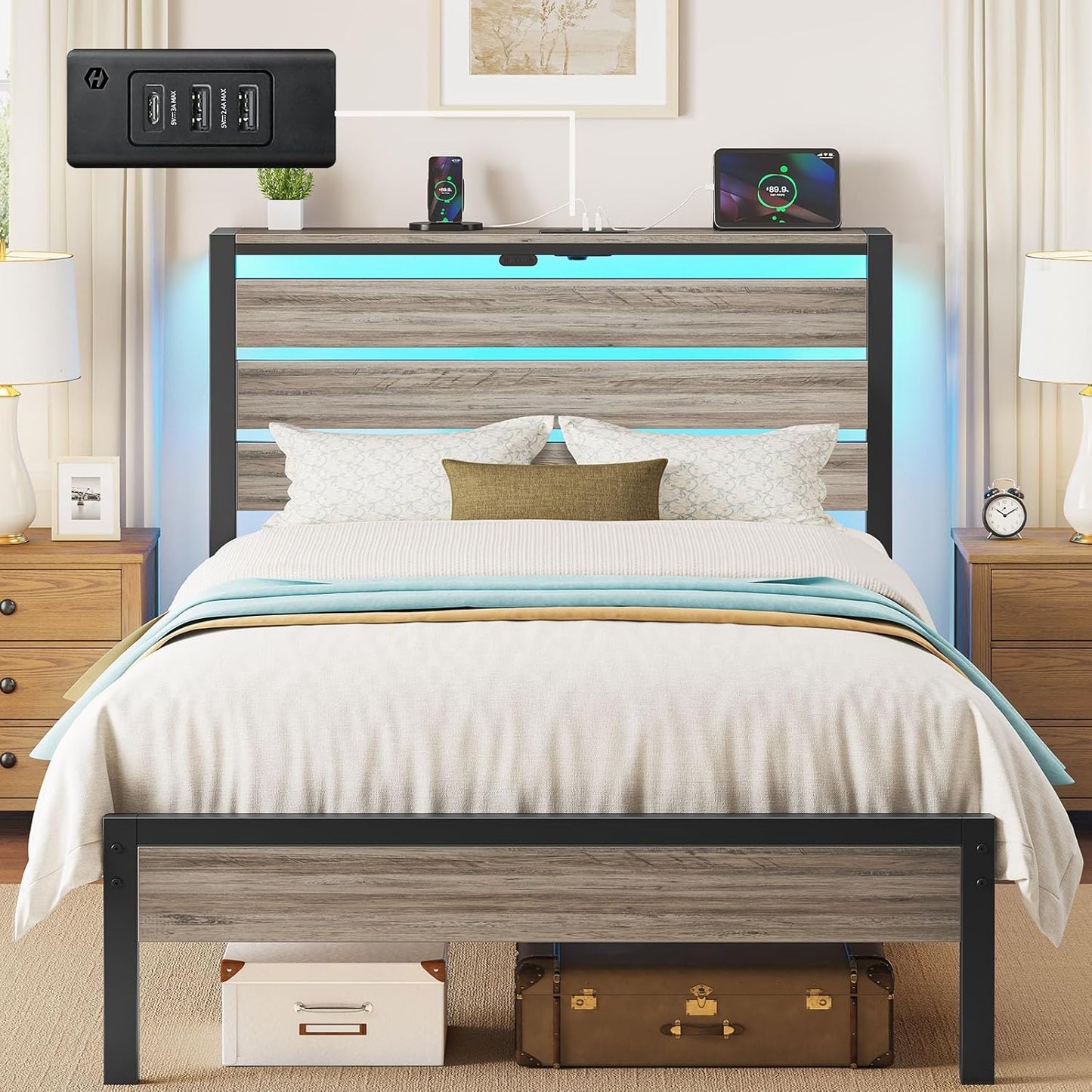 Rolanstar Twin Bed Frame with USB Charging Station and LED Lights