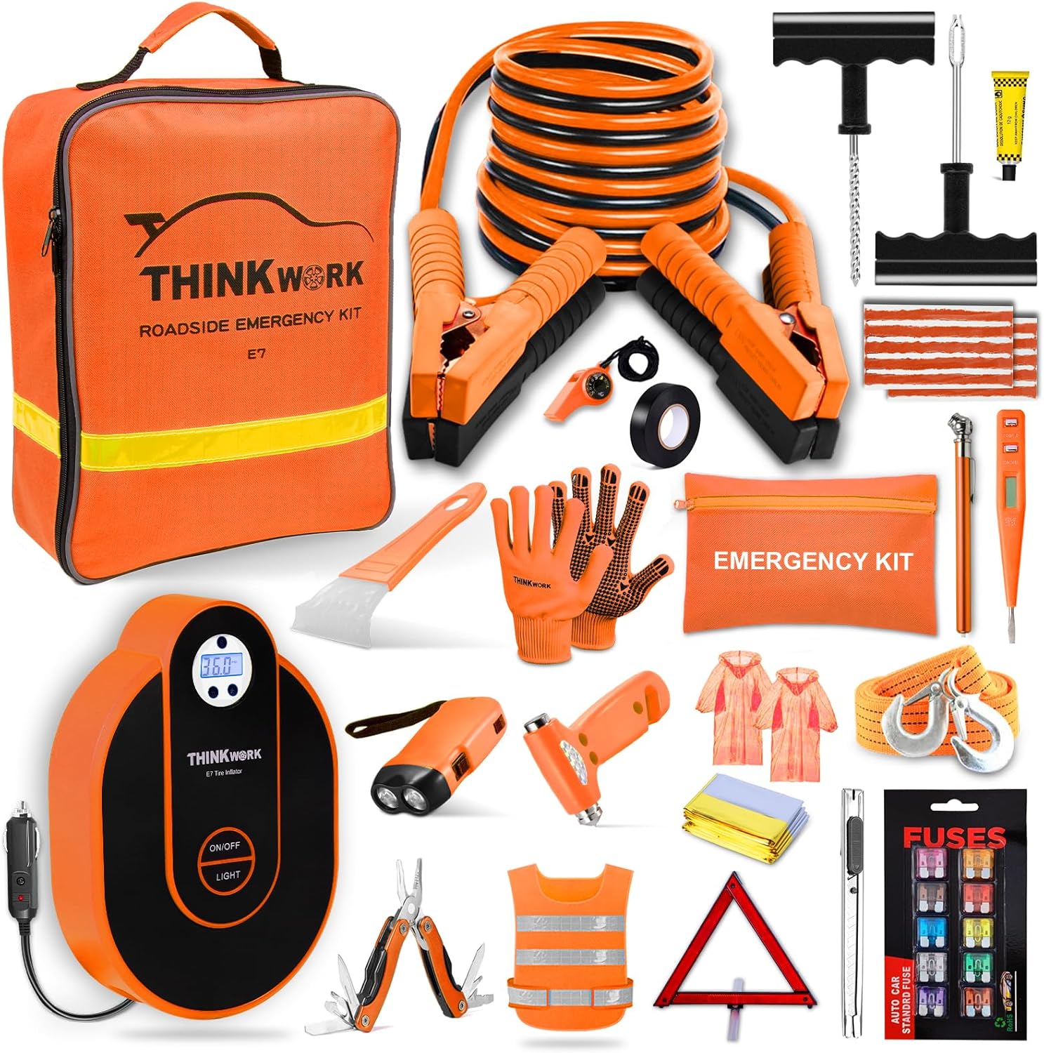 THINKWORK Car Emergency Kit with Digital Air Compressor and More