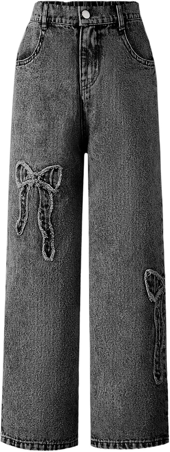 WDIRARA Girl's Bowknot Print Washed Jean Elastic Waist Denim Pants