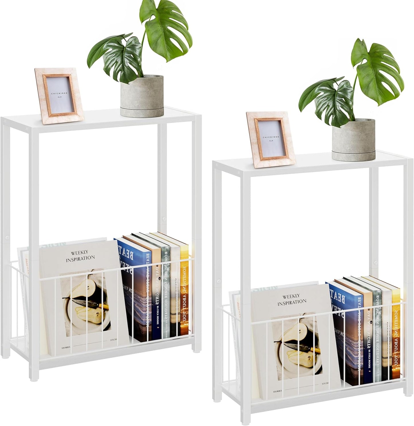 Narrow Side Tables Set of 2 with Magazine Holder for Small Spaces
