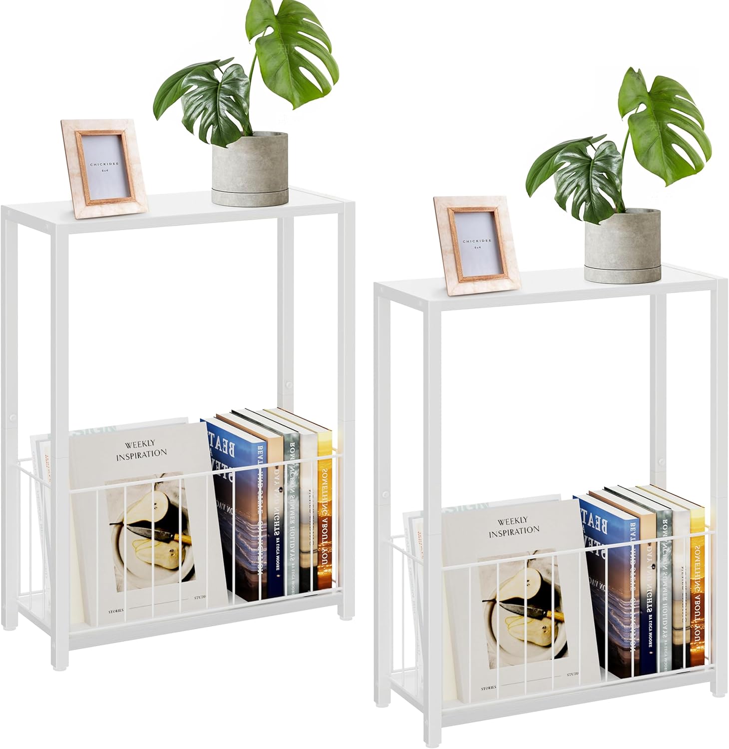 Narrow Side Tables Set of 2 with Magazine Holder for Small Spaces