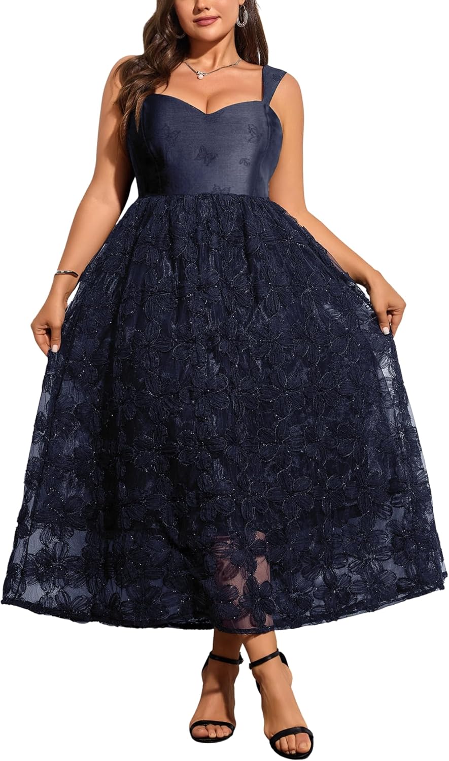 Elegant Women's Cocktail Formal Guest Dress with 3D Lace Design