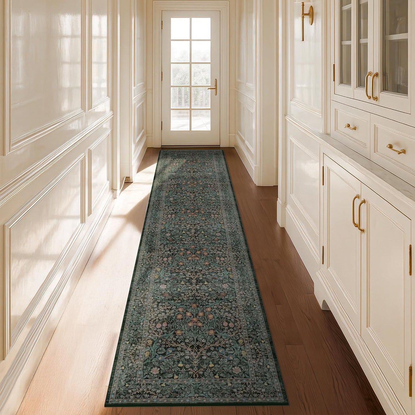 Washable Dark Green 2x10 Runner Rug for Hallway and Kitchen