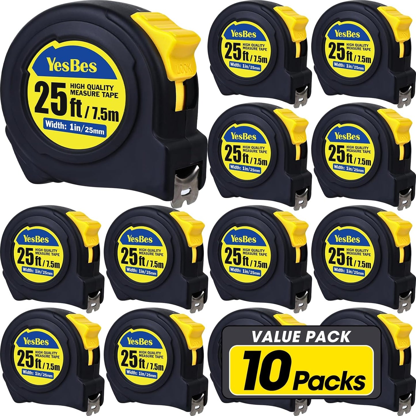 25 ft Tape Measure 10 Pack Bulk Easy Read Retractable Tapes