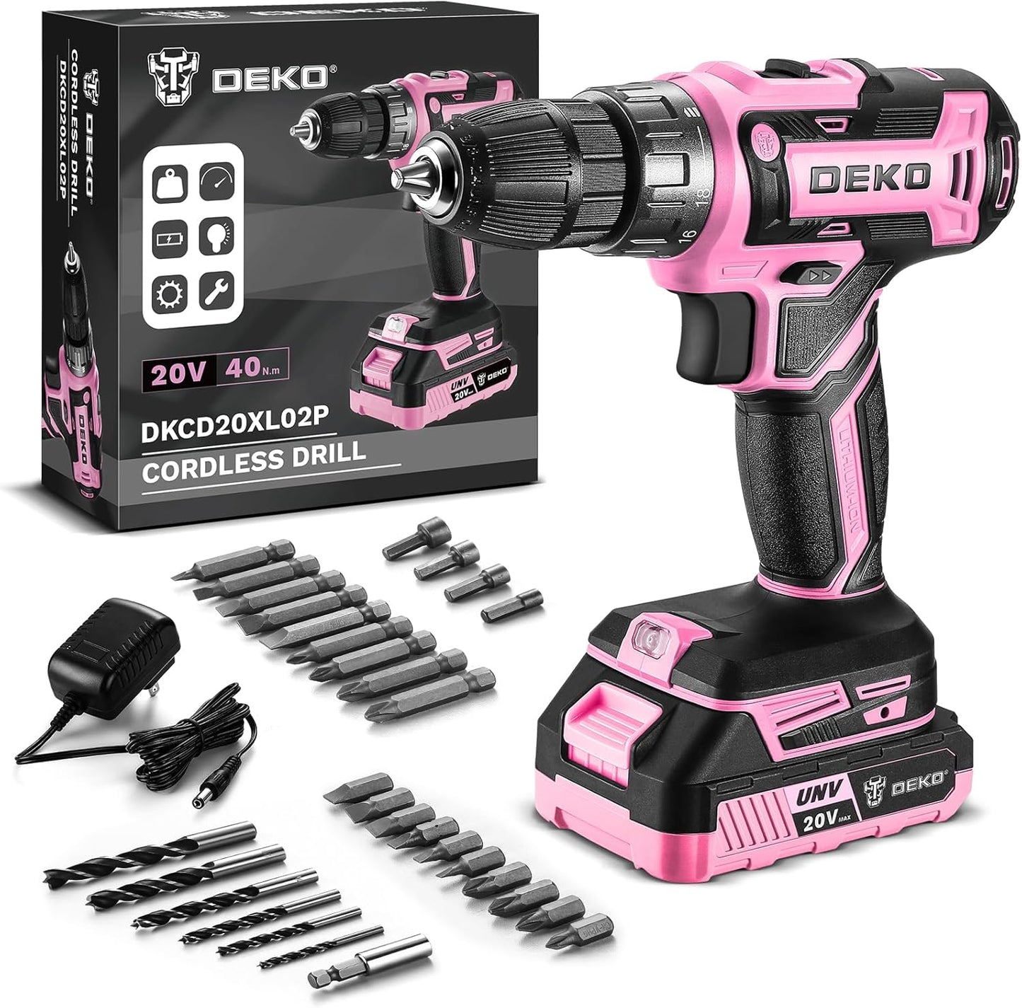 Power Drill Cordless DEKO PRO Pink Drill Set for Women