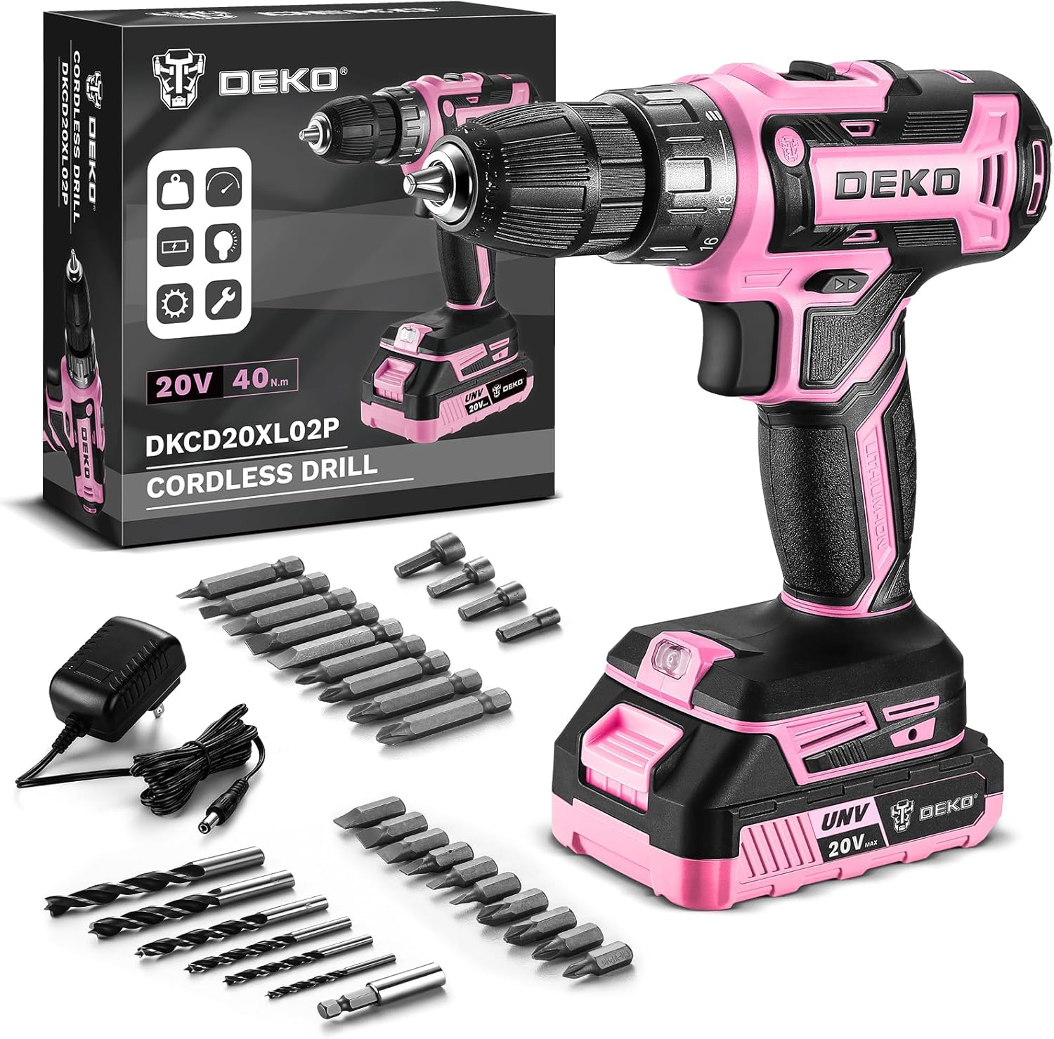 Power Drill Cordless DEKO PRO Pink Drill Set for Women
