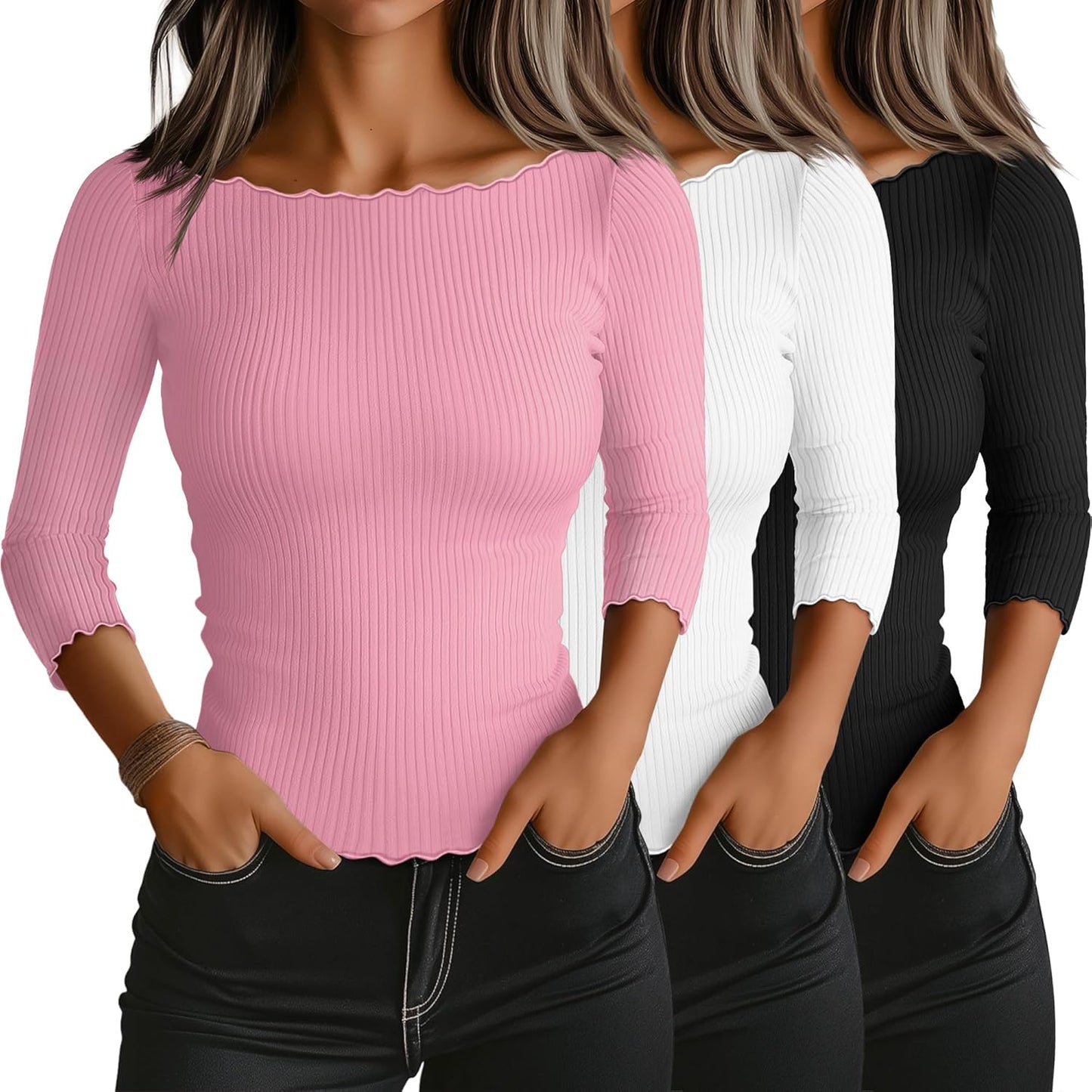 Riyiper 3 Pack Women's 3/4 Length Sleeve Tops for Casual Style