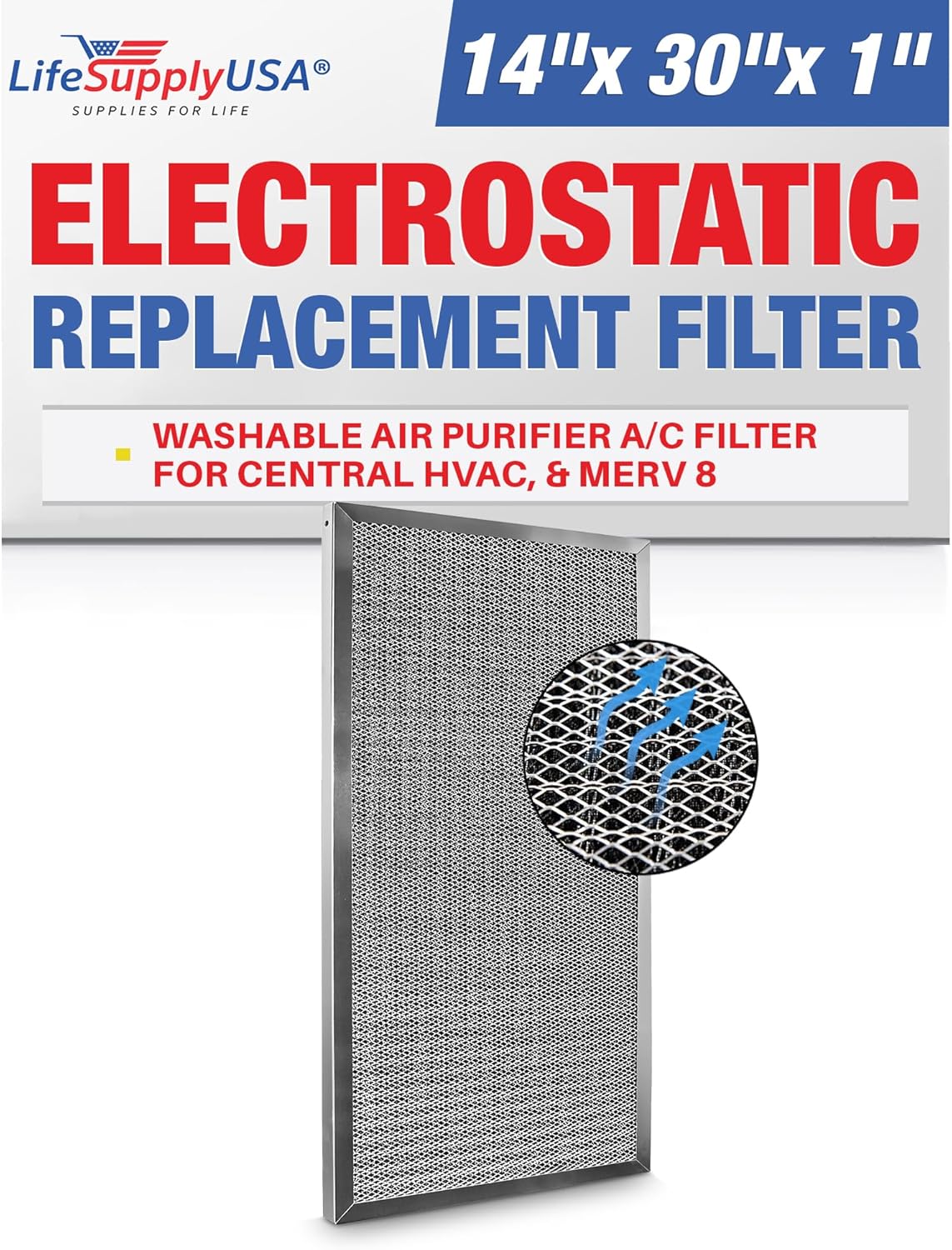 14x30x1 Electrostatic Air Filter, MERV 8, Washable and Reusable
