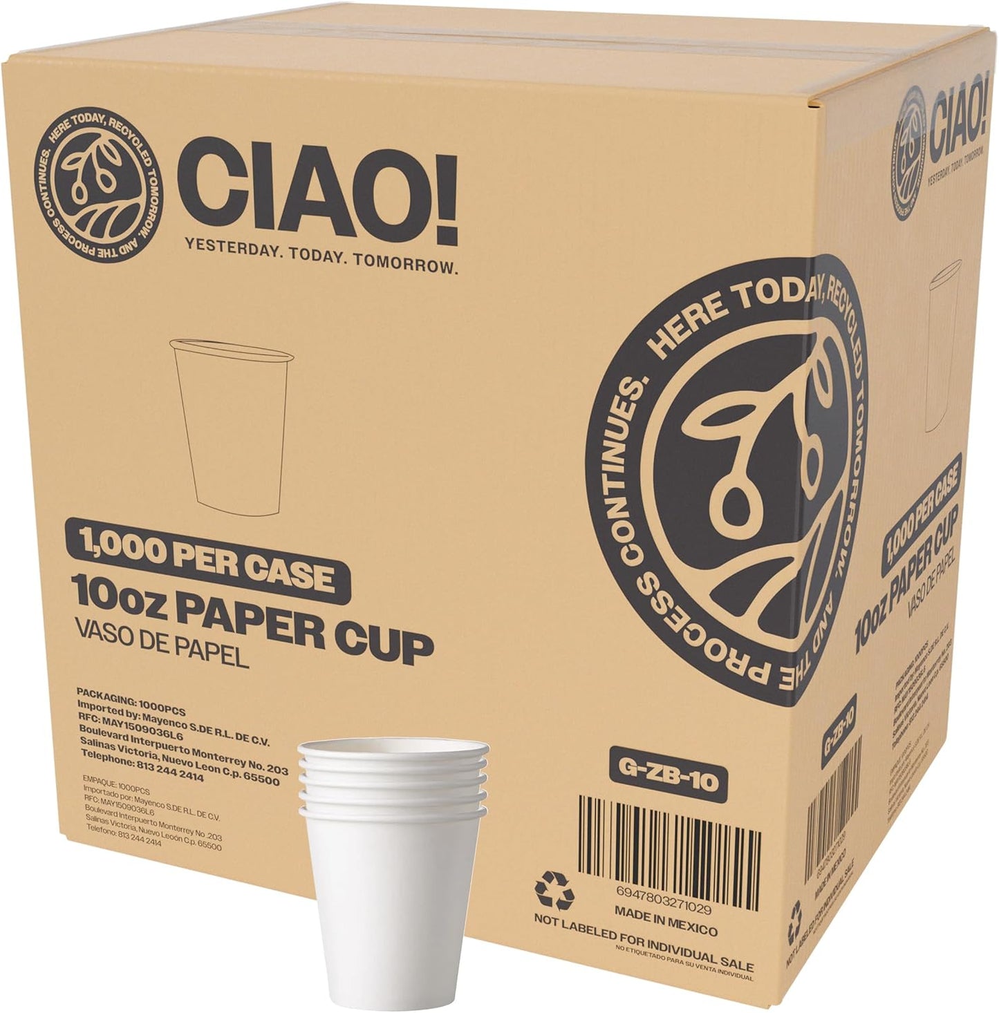 CIAO! 10oz White Paper Hot Cup - Eco-Friendly Disposable Cups