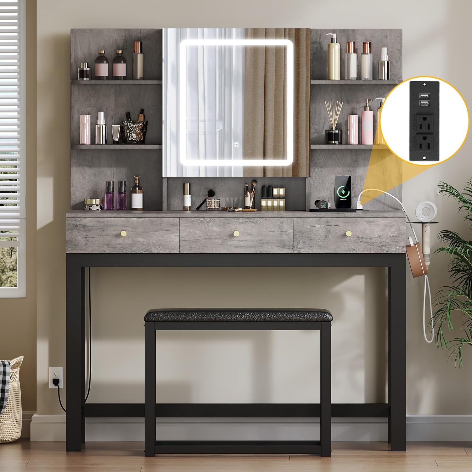 Upgraded Vanity Desk Set with LED Lights & Hidden Storage