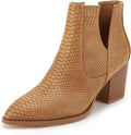 Womens Pointed Toe Stacked Mid Heel Ankle Boots - V Cut Zip
