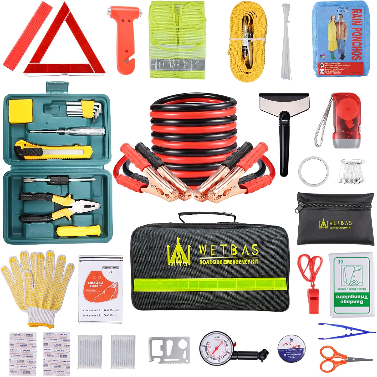 Car Roadside Emergency Kit with Jumper Cables and Tools